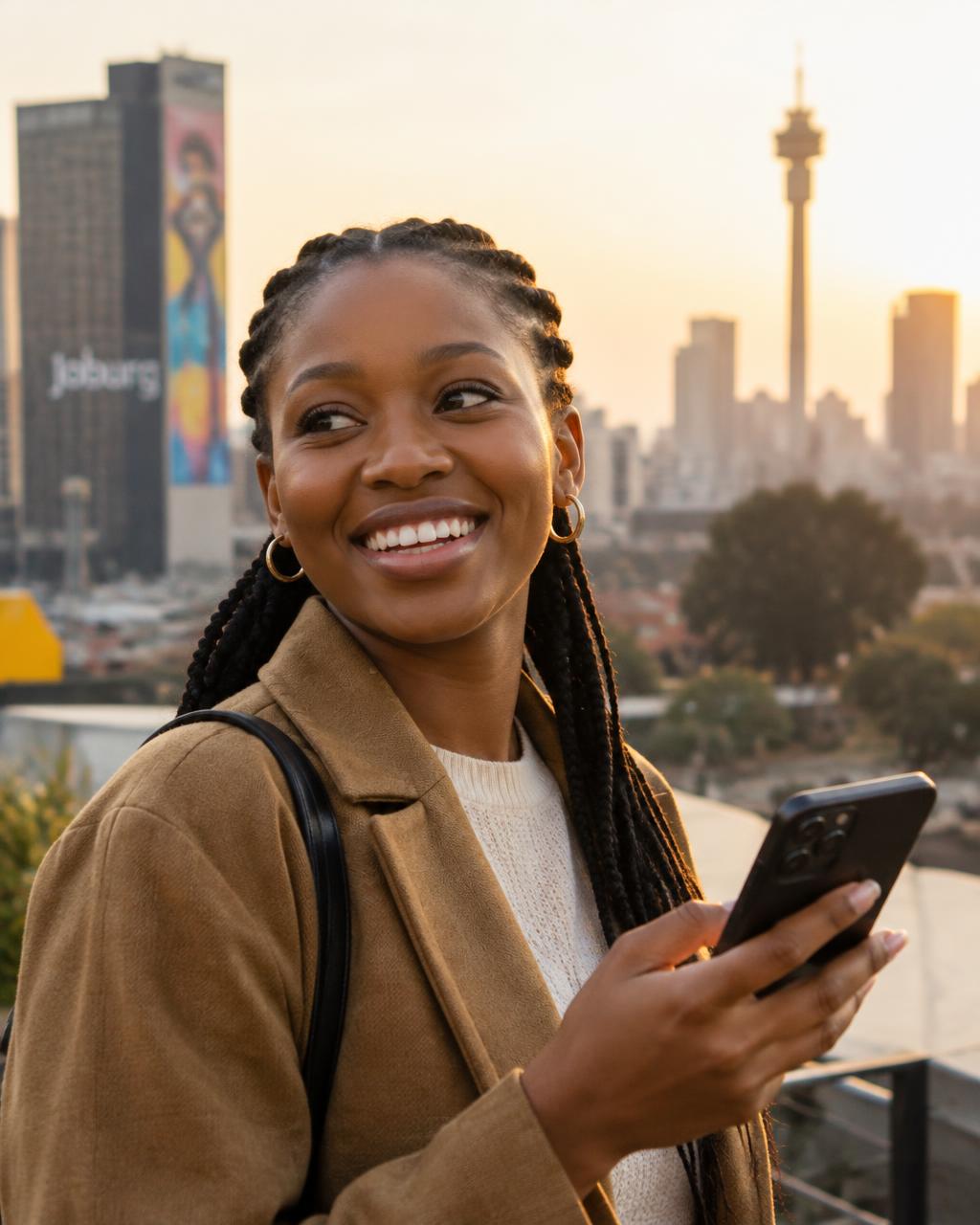 Smiling woman applying for a loan on her phone in Johannesburg